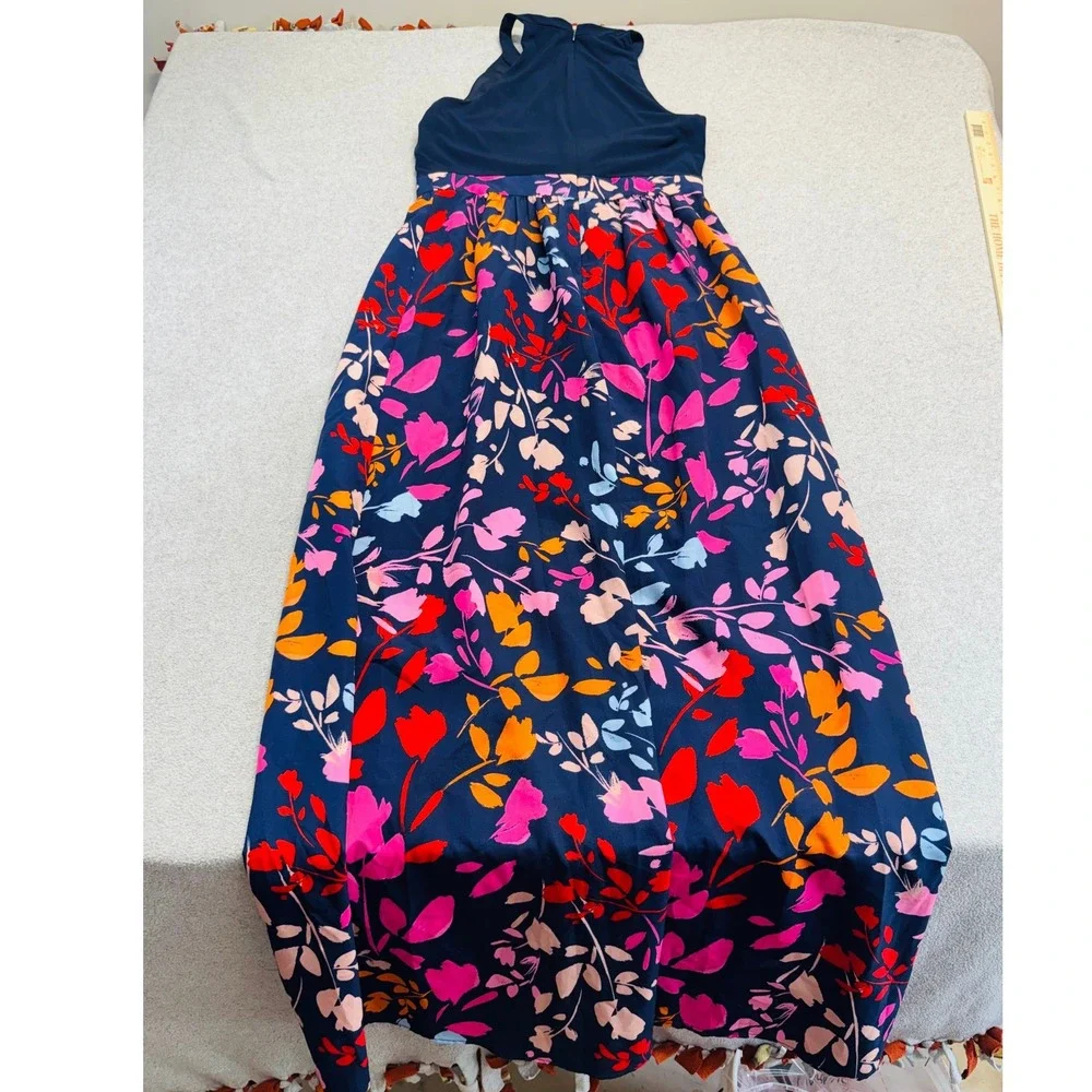 Vince Camuto Maxi Dress Womens 8 Navy Blue Floral‎ Halter Neck Keyhole Summer
